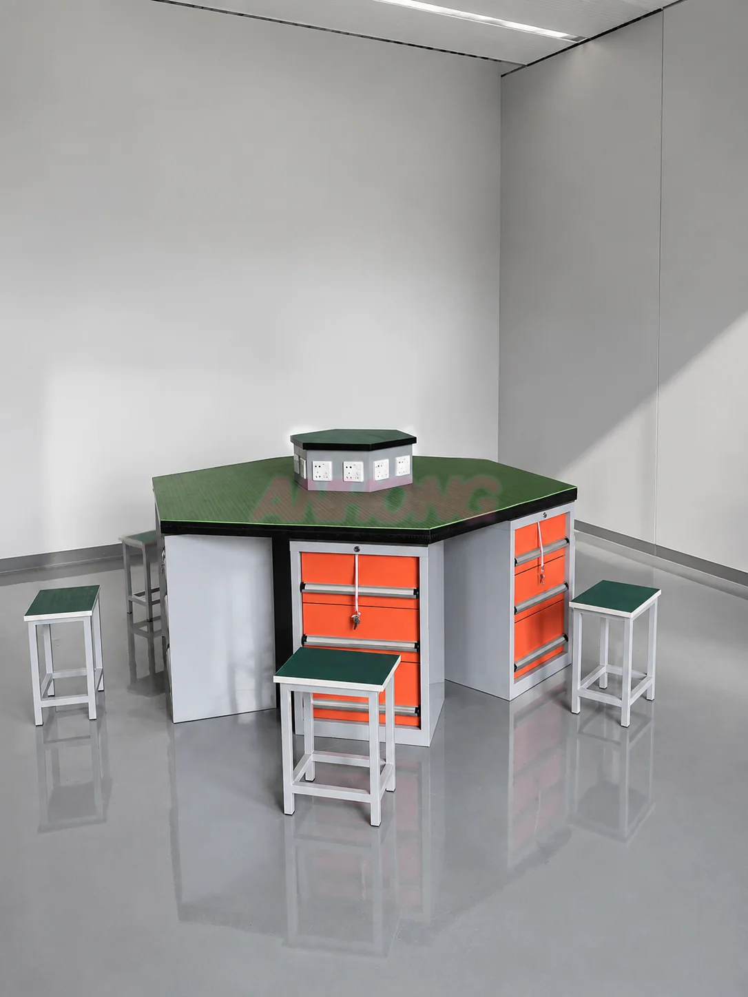 Custom industrial workbench station with drawer cabinets and power access