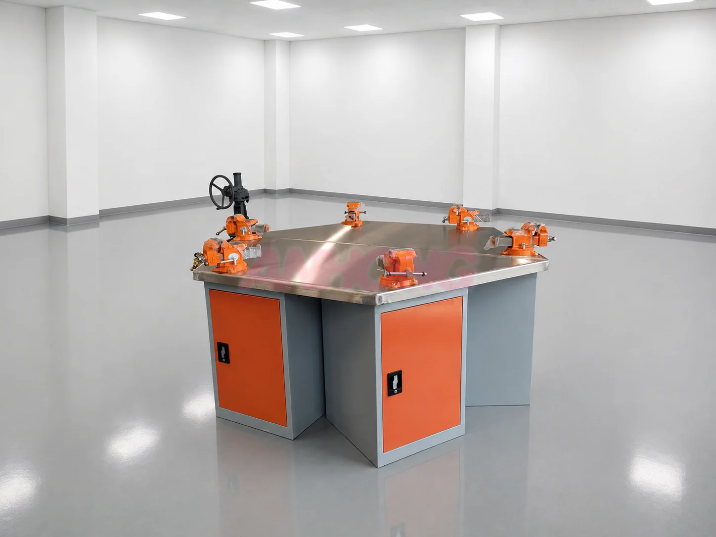 Industrial workbench with orange storage cabinets and bench vises