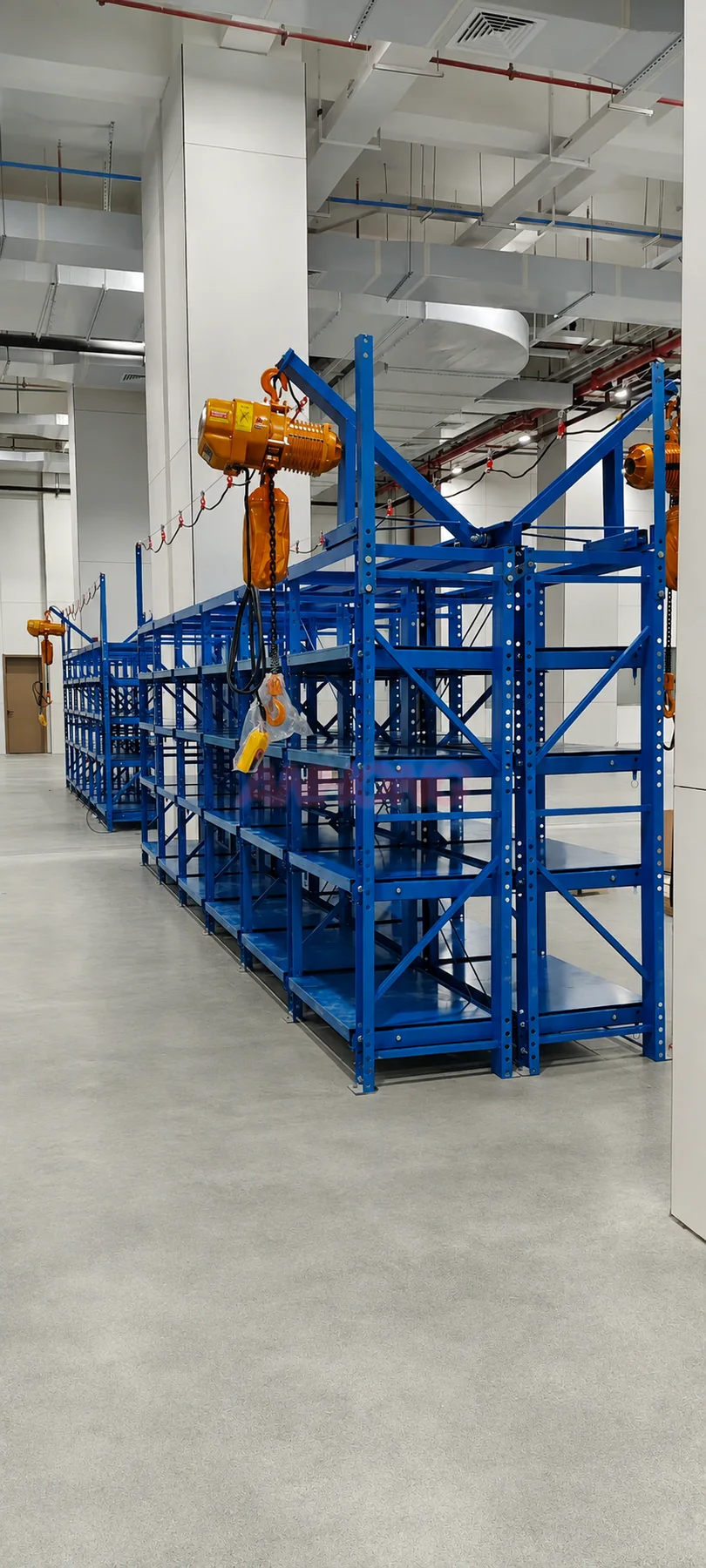 Blue mold rack installation with electric hoists