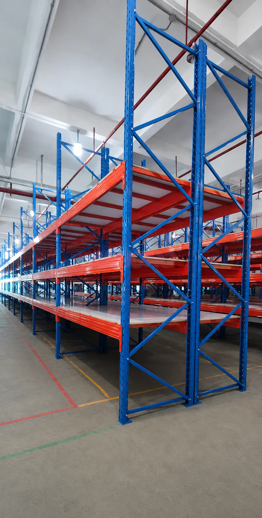 Blue and orange warehouse rack with three shelf levels