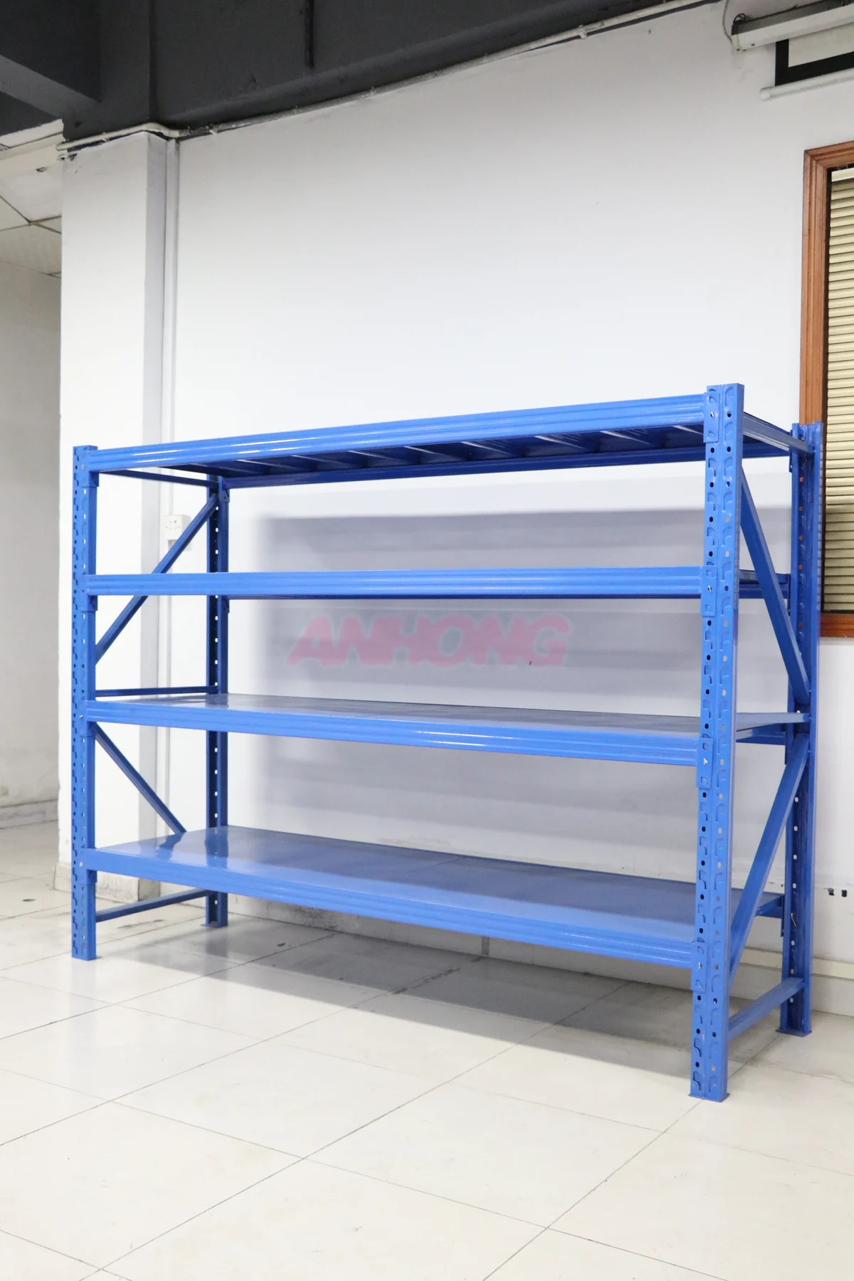Blue four-level steel shelving unit