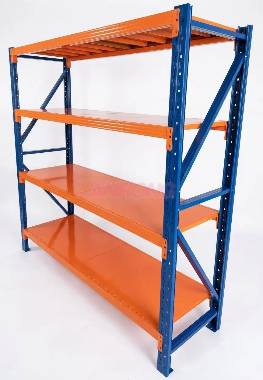 Orange and blue four-tier shelving unit