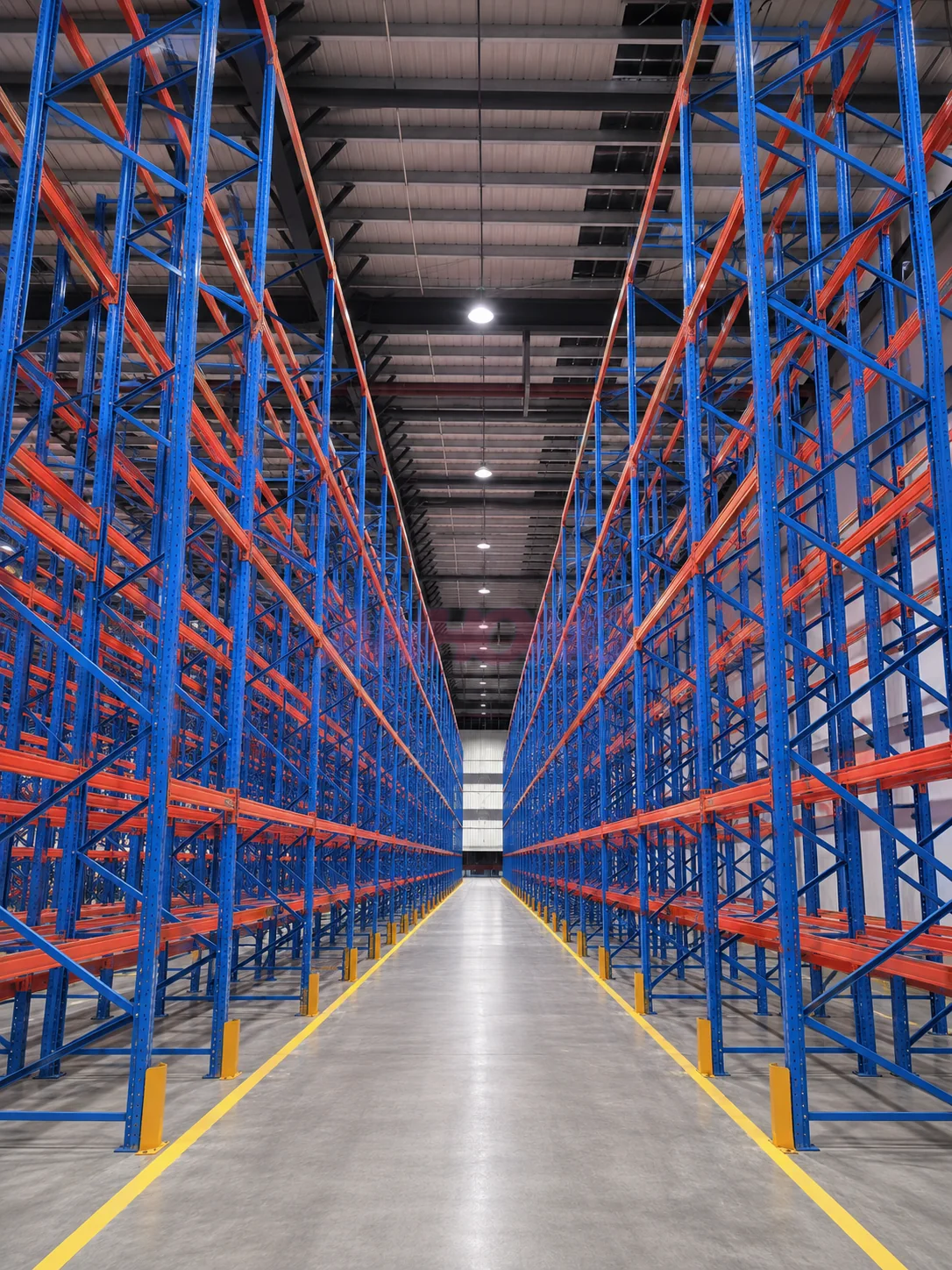Long high-bay warehouse racking aisle