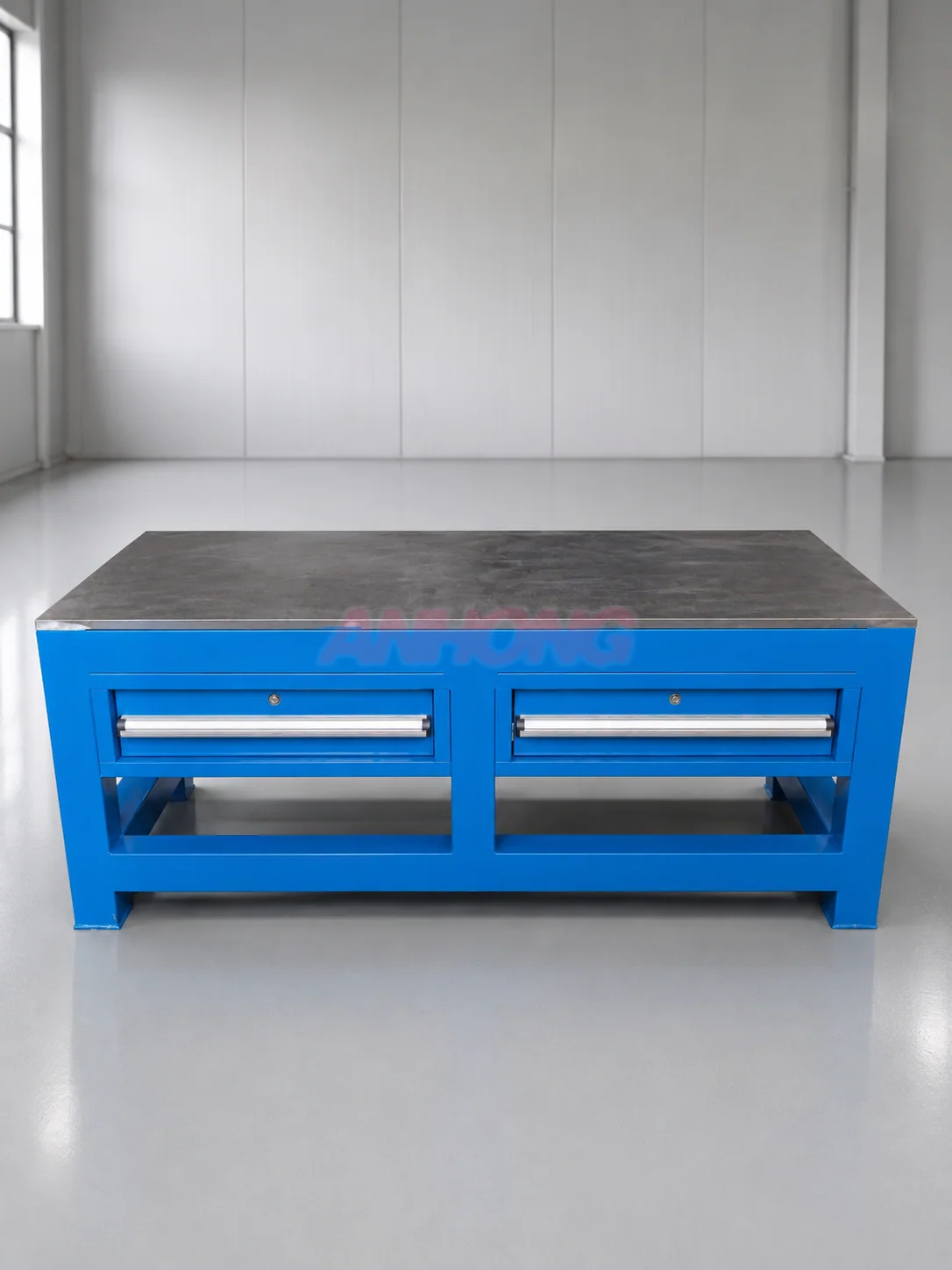 Blue workbench with dual drawer layout