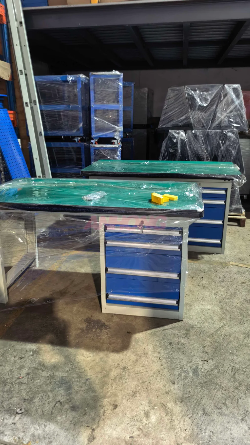 Industrial workbench with drawer pedestal