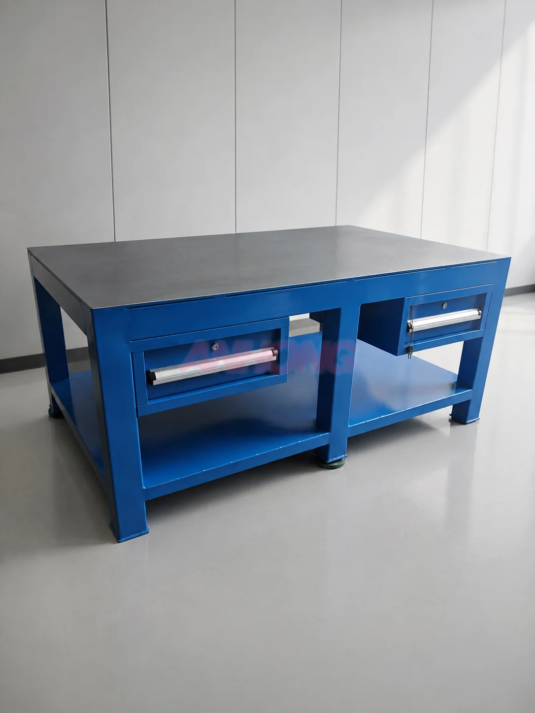 Steel-top workbench with drawer storage